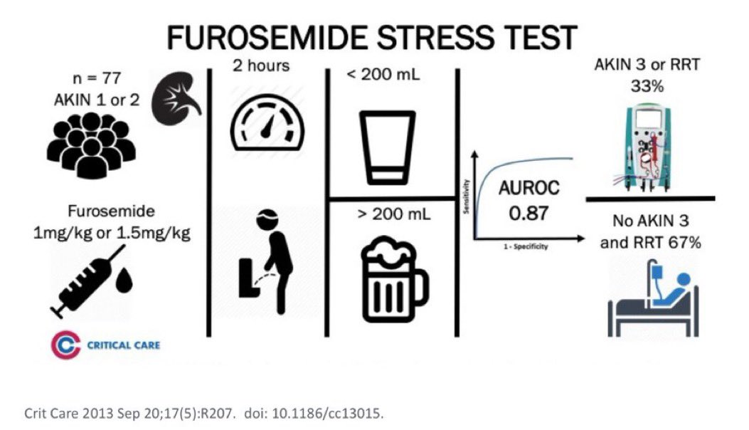 Everything you need to know on the furosemide stress test ‼️in the ICU #IFAD2023 via <a href="/JohnProwle/">John Prowle</a> 

▶️1mg/kg bolus furosemide IV
▶️Wait for 2 hours
▶️If UO > 200 ml, then the test = passed ✅
▶️and less risk for AKI
▶️and more kidney reserve