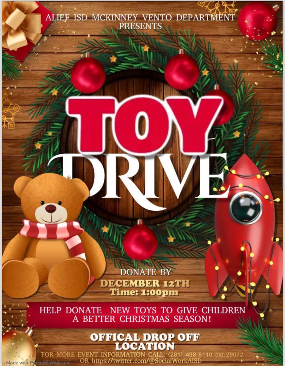 SocialWorkAISD's tweet photo. It is that magical time of the year again! Our team is collecting toys for our annual toy drive benefiting MKV students &amp; families in Alief ISD. If you can please donate a new, unwrapped toy (s) by 12/12/23 . Please share our post so that we can bring joy to more families. https://t.co/tgrWckT098