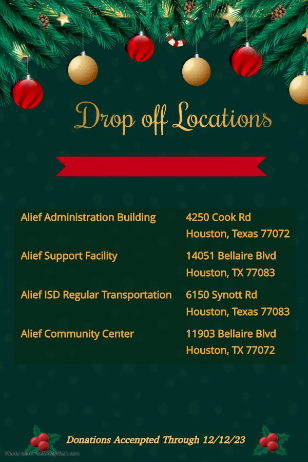SocialWorkAISD's tweet photo. It is that magical time of the year again! Our team is collecting toys for our annual toy drive benefiting MKV students &amp; families in Alief ISD. If you can please donate a new, unwrapped toy (s) by 12/12/23 . Please share our post so that we can bring joy to more families. https://t.co/tgrWckT098