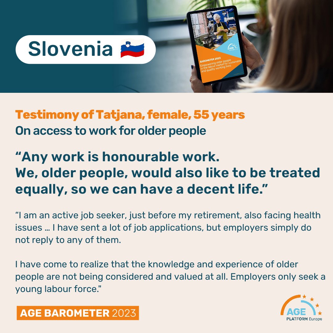 AGE_PlatformEU's tweet photo. ๐ข#AGEBarometer2023 features a testimony from Tatjana, 55 years old, in Slovenia, about access to work for older people.
๐ฃ๏ธ"Any work is honourable work. We, older people, would also like to be treated equally, so we can have a decent life."
๐https://t.co/MLFpLTuHdf https://t.co/jCvd2eYLRF