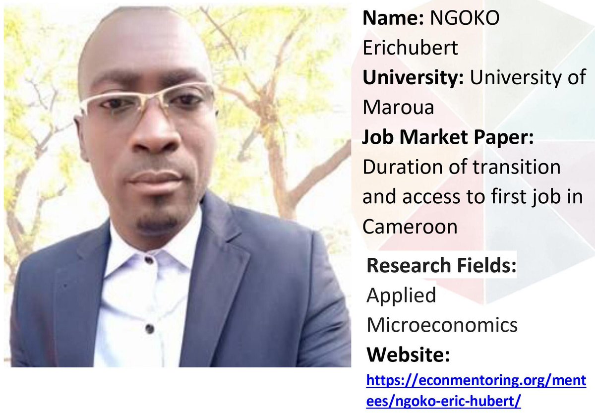 AMIE (@econmentoring) on Twitter photo Meet Eric Hubert Ngoko (<a href="/EricNgoko/">Ngoko Eric hubert</a>)! His #JMP is titled: “Duration of transition and access to first job in Cameroon”. His research interests are in Applied Microeconomics; learn more about his work here: econmentoring.org/mentees/ngoko-… Meet Eric Hubert Ngoko (<a href="/EricNgoko/">Ngoko Eric hubert</a>)! His #JMP is titled: “Duration of transition and access to first job in Cameroon”. His research interests are in Applied Microeconomics; learn more about his work here: econmentoring.org/mentees/ngoko-…