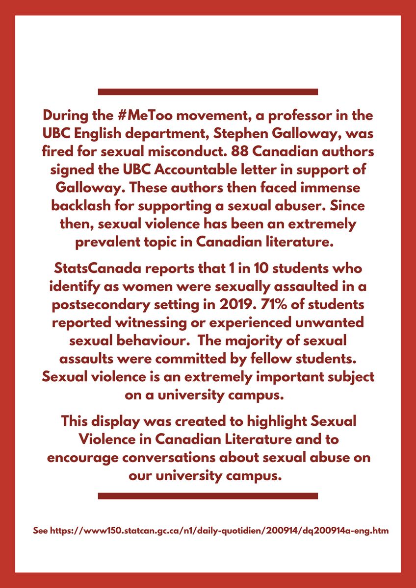 stfxlibrary's tweet photo. In honour of the 16 Days of Activism against Gender Based Violence, English student Renee Papp has put together a book display and statement for a book display on sexual violence in Canadian Literature.
Thank you Renee!
#stfx #stfxuniversity #anguslmacdonaldlibrary https://t.co/1AhbT6fg4F
