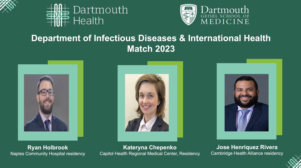 DartmouthID's tweet image. 🎉 Happy medicine specialties #MATCH2023 !

Please say hello 👋 to our incoming ID fellows . We are thrilled to have you. Welcome to Dartmouth 🙌 🌲 

#IDtwitter #Medtwitter