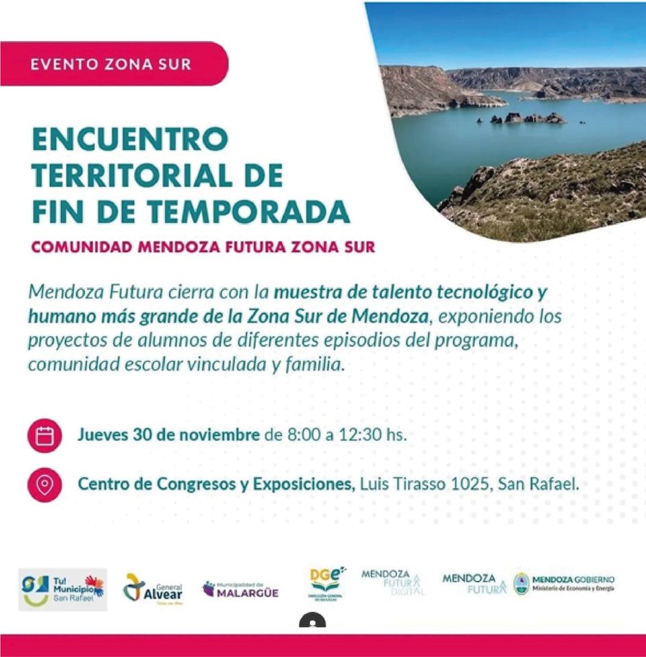 ProduccionMza's tweet photo. #Gestión #Mendoza 
¡Atención zona sur! Mañana 30/11 desde las 8 los invitamos a compartir el Encuentro de Fin de Temporada de #MendozaFutura en San Rafael ¿Nos acompañan? ¡Los esperamos! https://t.co/pG8QPtH1YV