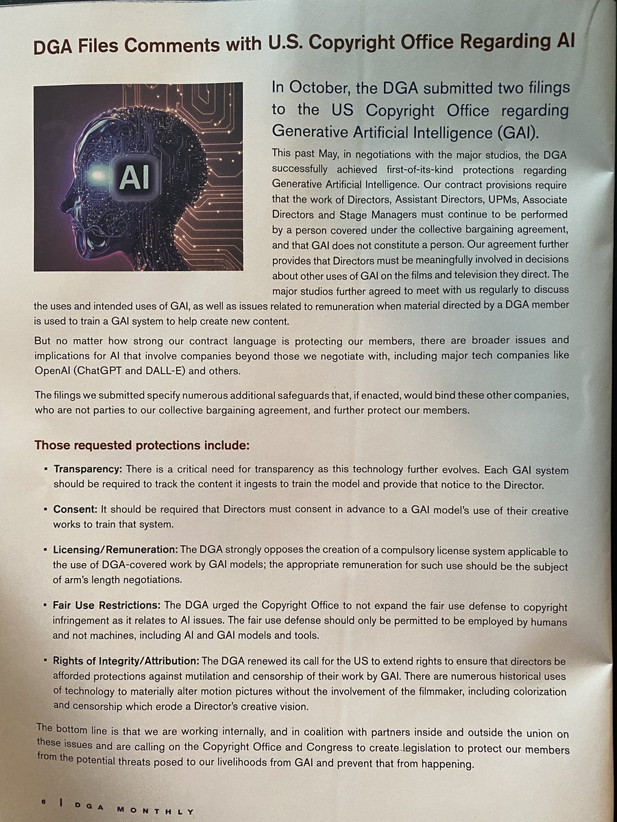 JustineBateman's tweet image. Proud to see this @CopyrightOffice #AI filing from one of my unions, #DGA. I know the wicked-smart Sarah Howes had much to do with this.
