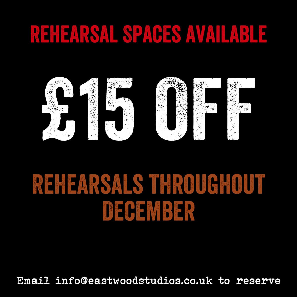£15 per session discount throughout the month of December on private rehearsals. 

For larger December discounts, sign up to our Private Members Club.

Please email the studio on info@eastwoodstudios.co.uk or call 07483127963 to book or to enquire about our Private Members Club.