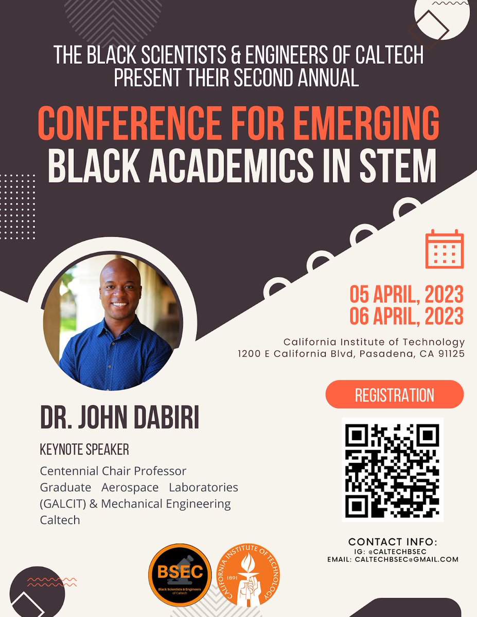 I am happy to announce that the Black Scientists and Engineers of @Caltech (BSEC) are once again hosting Conference for Emerging Black Academics in STEM (#cebas) sites.google.com/view/bsec-ceba… Dr. John Dabiri is the keynote speaker, and it will take place on @Caltech on April 5th-6th