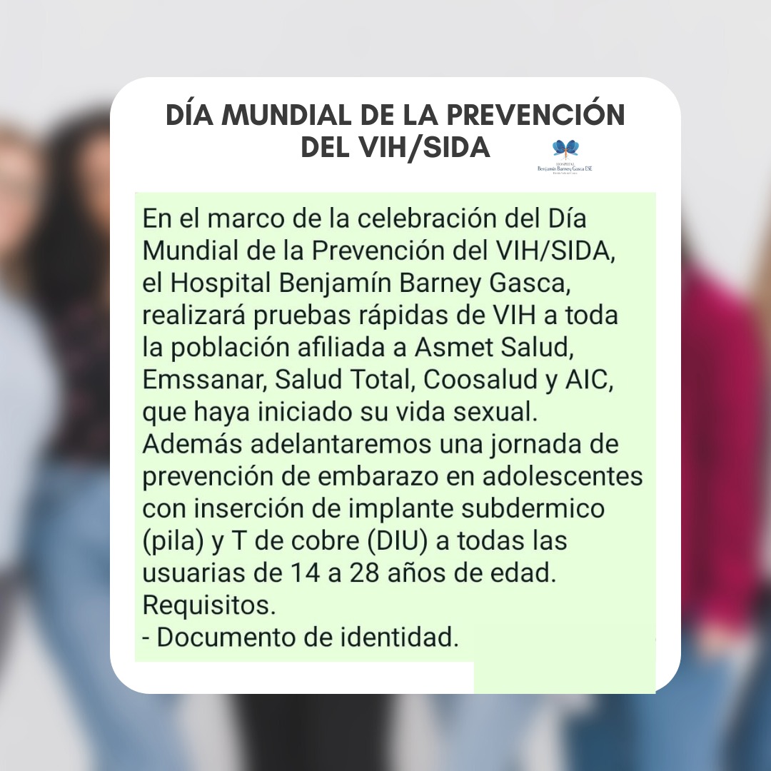 Jornada de prevención de embarazo en adolescentes y pruebas rápidas de VIH, el próximo viernes 1 de diciembre en la unidad de servicios amigables de 7:00a.m a 3:00p.m

#HospitalBenjaminBarneyGasca 
#SecretariaLocalDeSalud 
#FloridaAvanzaUnida