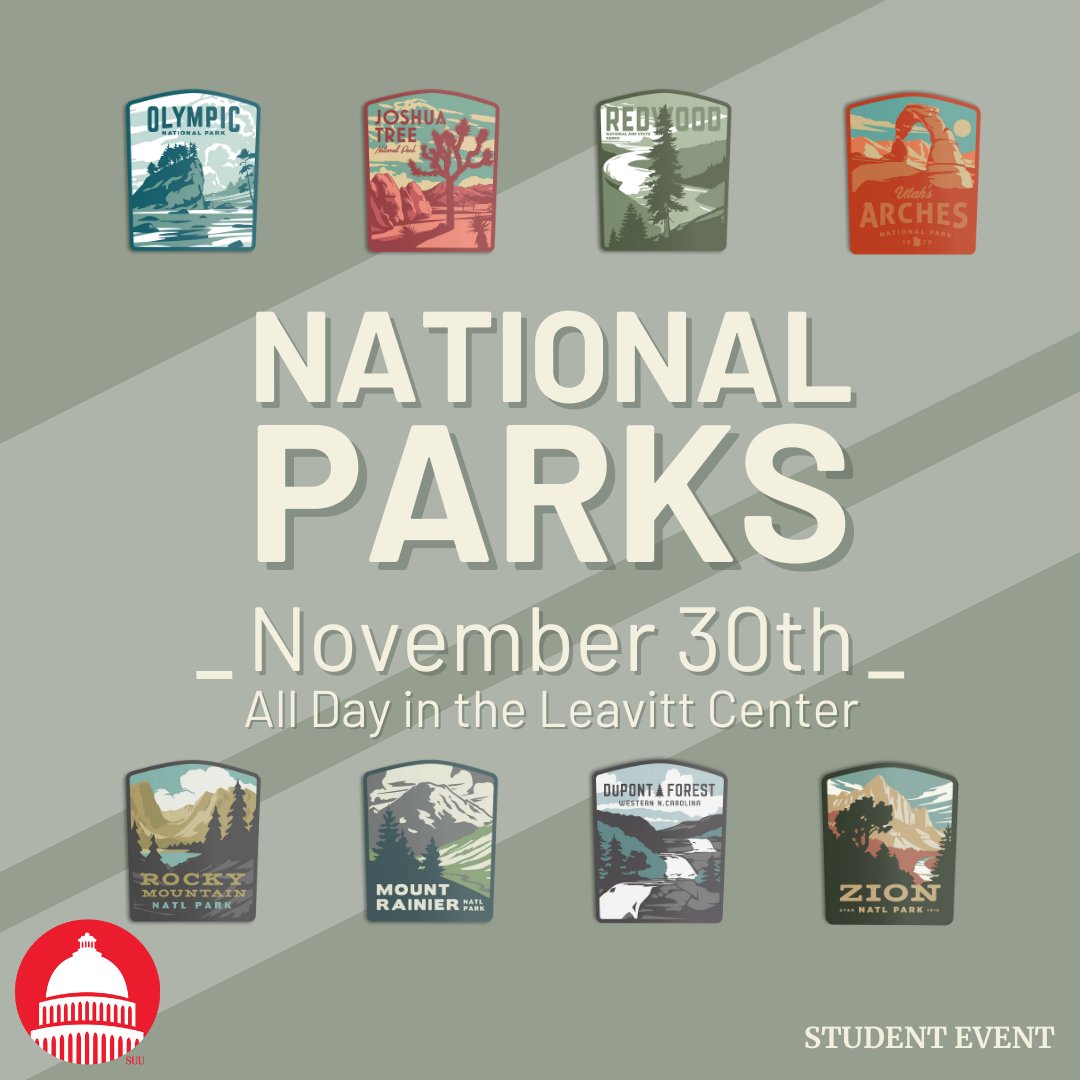 suuleavittctr's tweet photo. Stop by the Leavitt Center tomorrow from 8am-5pm to learn more about National Parks and how the government relates to them.  Enjoy some hiking snacks while you walk through the exhibition!

#suuleavittcenter #suu #nationalparks #nps #tbirdnation https://t.co/gadmhm5yoi