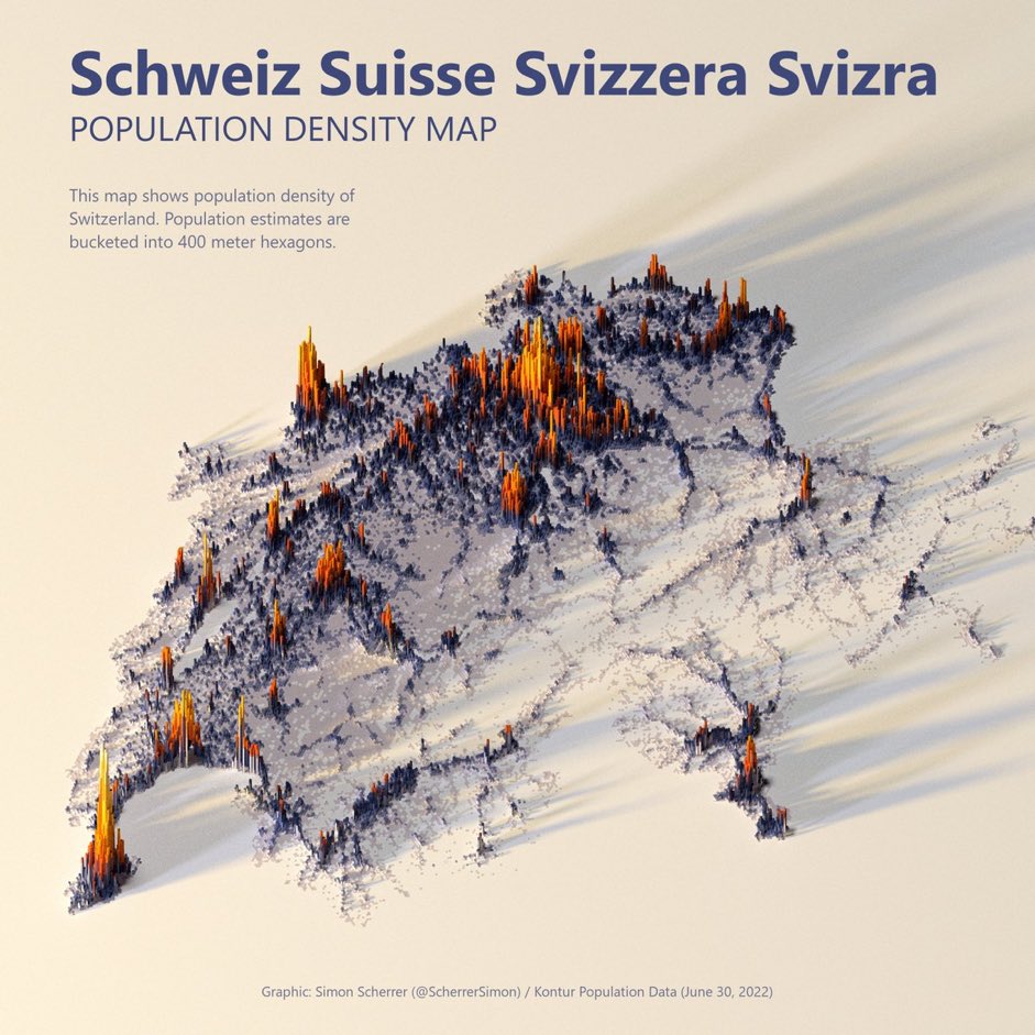 Repost for #30DayMapChallenge Day 29: Population. Population density map of #Switzerland. Data: <a href="/KonturInc/">Kontur</a> Global Population Density (v2022.06.30). Drawn with #Rstats and #rayshader #DataVisualization