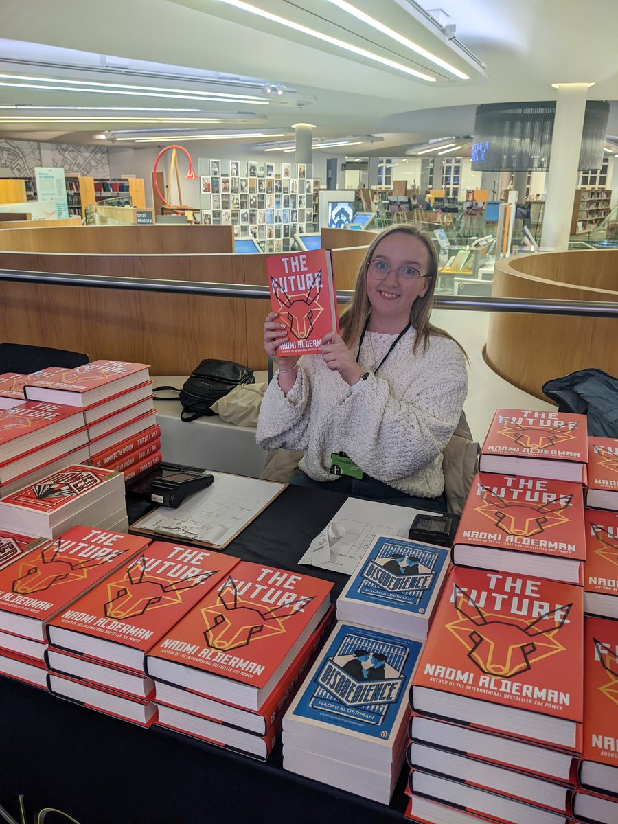 We're all set up and very excited for tonight's @McrLitFest event with the legendary @naomialderman at Manchester Central Library! #naomialderman #authorevents #mlf #waterstonesdeansgate