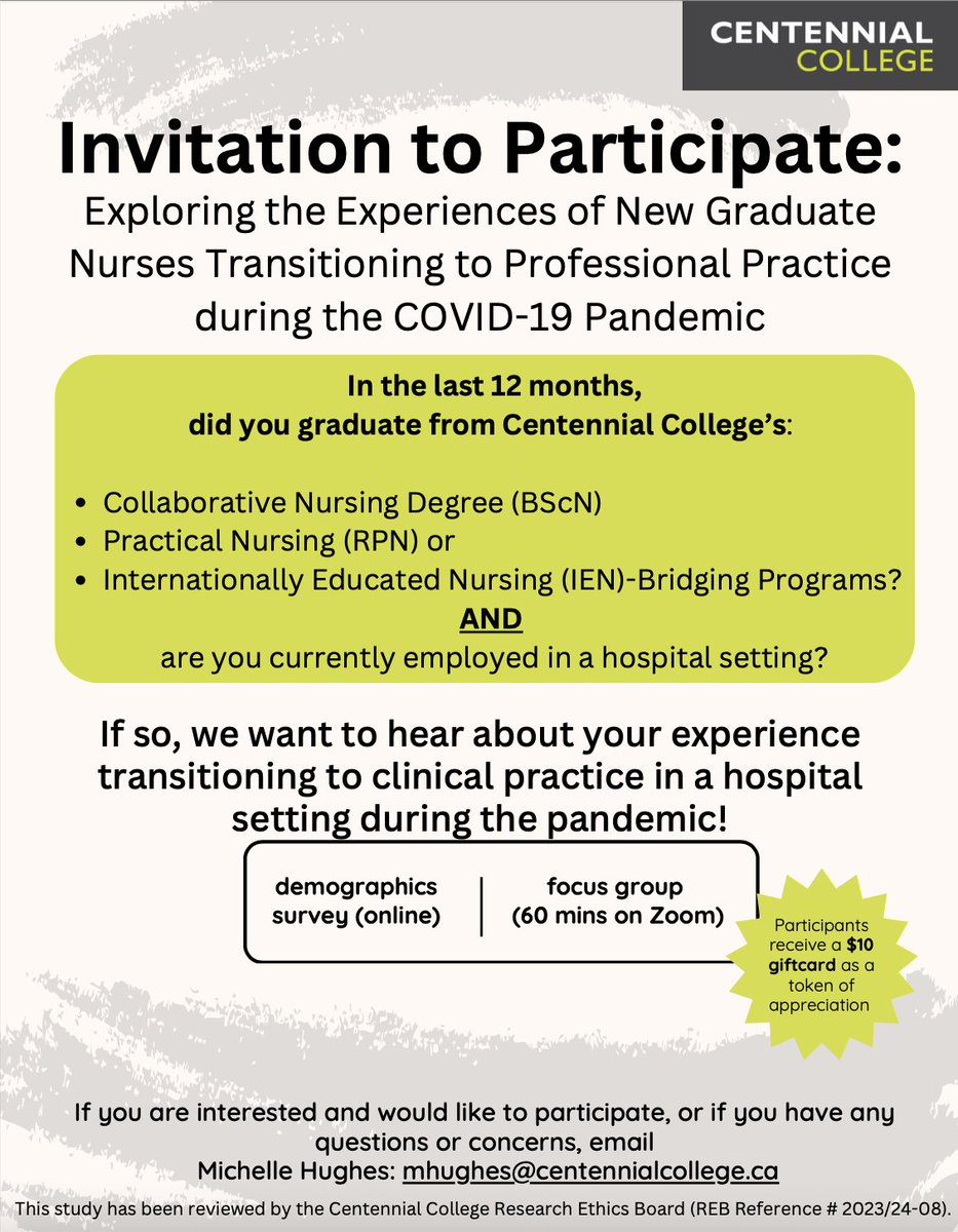 Invitation to participate in a research opportunity! 
Looking for new graduate nurses who would like to share their experience about transitioning to clinical practice in a hospital setting. <a href="/CentennialSCHS/">SCHS 🇨🇦</a> #NGN