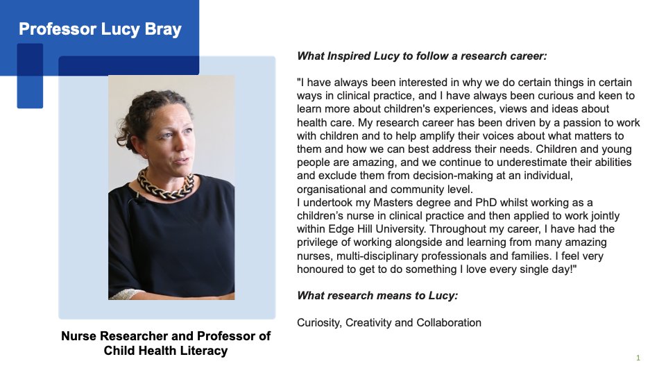 Week 12 of celebrating <a href="/teamCNO_/">teamCNO 💙</a>  NHS 75 faces of Nursing and Midwifery Research 🙌 Today is <a href="/LucyBray9/">Lucy Bray</a> Professor of Child Health Literacy <a href="/edgehill/">Edge Hill University</a> Research means - Curiosity, Creativity and Collaboration future.nhs.uk/connect.ti/CNO…