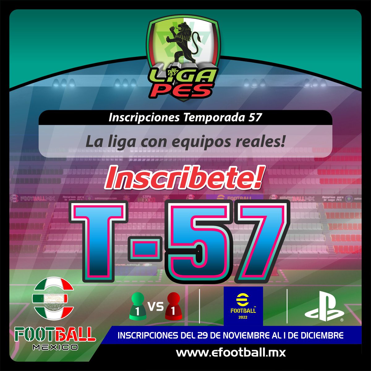 INSCRIPCIONES ABIERTAS AL TORNEO DE DIVISIONES "LIGA PES" TEMPORADA 57 PARA PLAYSTATION!!

EL TORNEO CON EQUIPOS REALES!!

INFORMES PARA INSCRIBIRSE:
efootball.mx/index.php/liga…