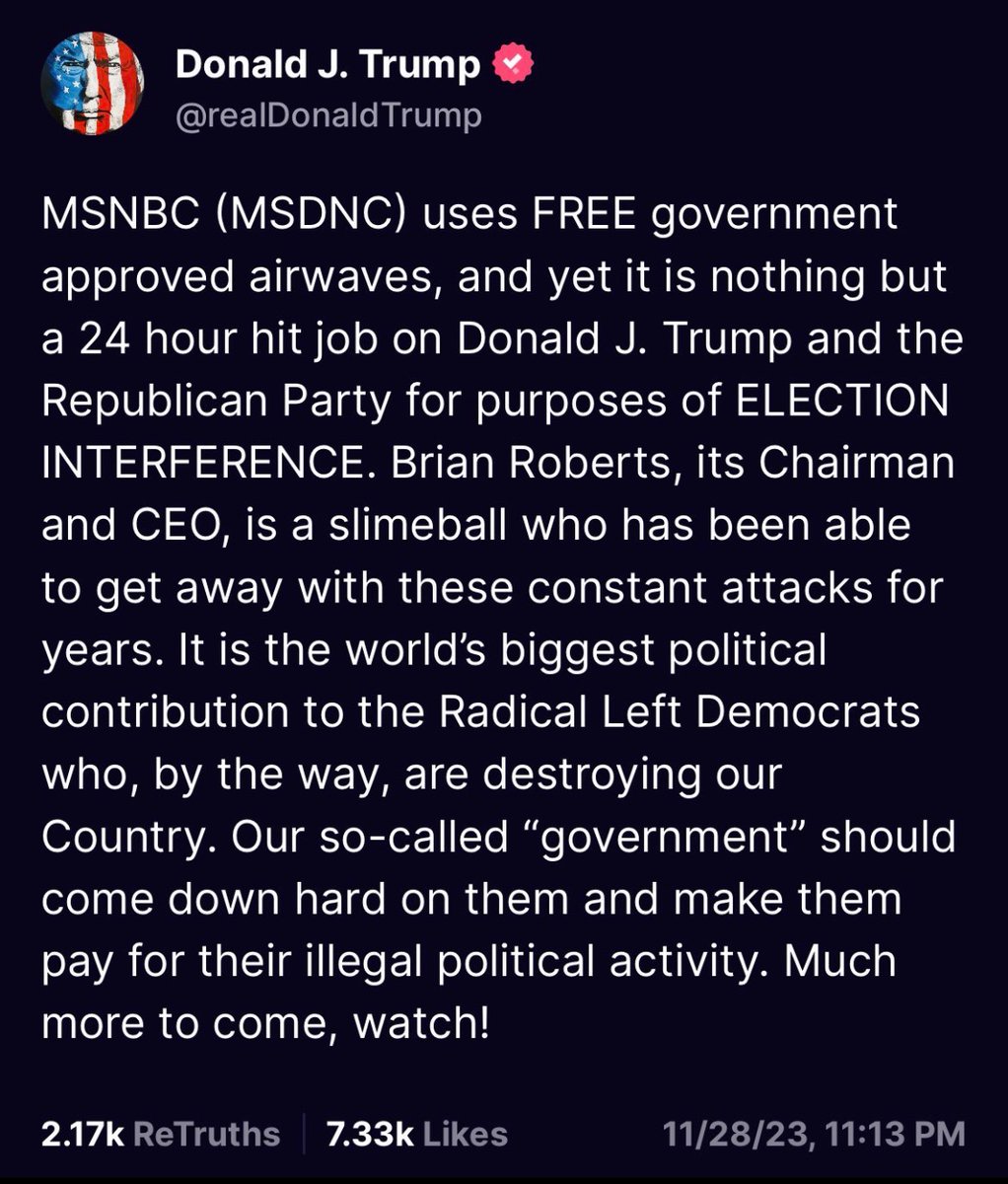 KeithOlbermann's tweet photo. Missing of course thanks to the stupidity of Dementia J. Trump is:

A) msnbc doesn't use "FREE government approved airwaves." It's cable. That's different, Grandpa

B) however IF Trump DOJ could "come down hard" on msnbc, BIDEN'S DOJ COULD DO THAT NOW TO FOX NEWS ✅ https://t.co/LOiv21jm51