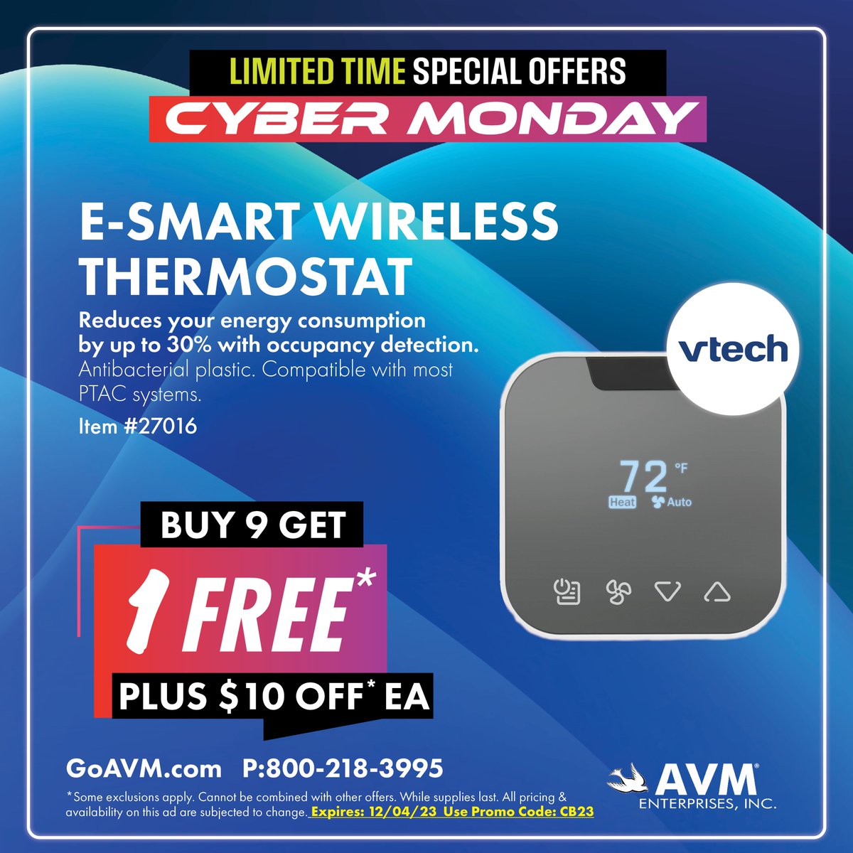 goavm's tweet image. Save Big with the #CyberWeekdeal! Buy 9, Get 1 free, plus $10 Off on each E-Smart Thermostat. Use promo code 'CB23' till Dec 4th and avail discount.

For more details:
📞 (800) 218 3995
👉 goavm.com/e-smart-wirele…

#cybermonday2023 #cyberweeksale #hotelsupplies #wirelessthermostat