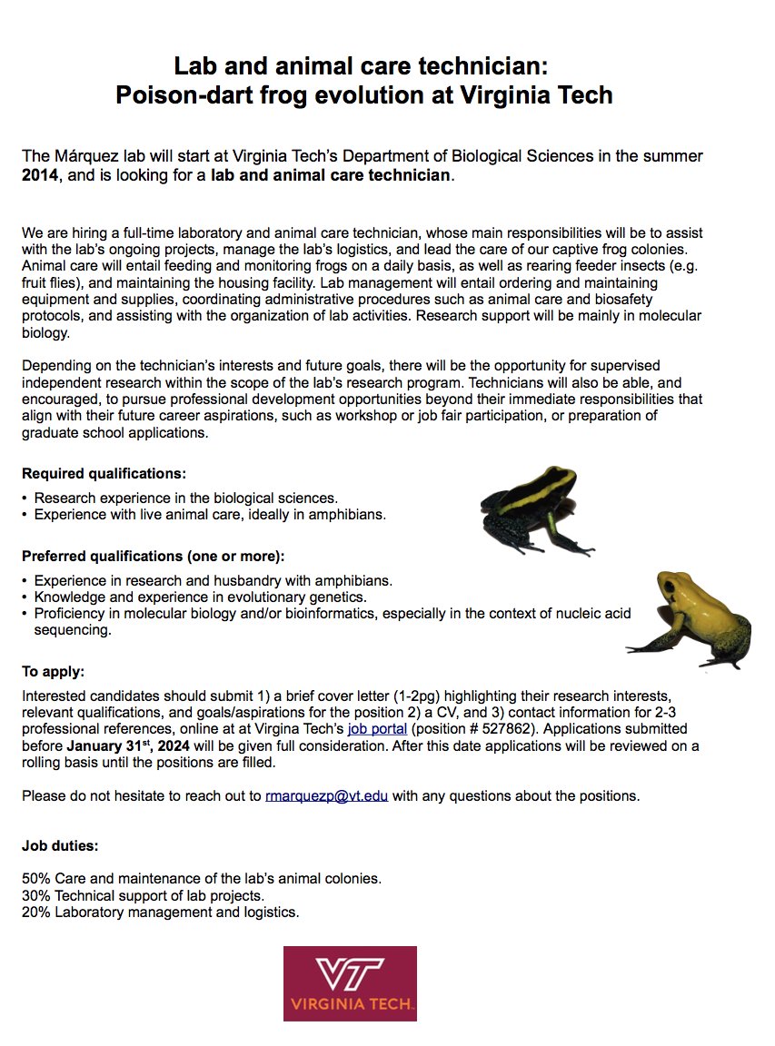Roberto Márquez (@rmp033) on Twitter photo I am looking for a lab and animal care technician to help manage our lab and take care of frog colonies at <a href="/VT_Biology/">VT Biology</a>. Please RT!
Job ad: tinyurl.com/38u2wkh9
Application link: tinyurl.com/3n72ufwb I am looking for a lab and animal care technician to help manage our lab and take care of frog colonies at <a href="/VT_Biology/">VT Biology</a>. Please RT!
Job ad: tinyurl.com/38u2wkh9
Application link: tinyurl.com/3n72ufwb
