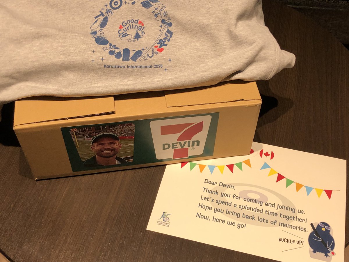 Devin_Heroux's tweet photo. WHAT A WELCOME!
They really do know how to make you feel special and welcomed in Japan π―π΅
Thank you to the organizers of the @karu_curling event for the incredible welcome pack β including the DevinEleven graphic. Wild and awesome. Overjoyed to be here. Buckle Up! https://t.co/B7L4qLLbN6