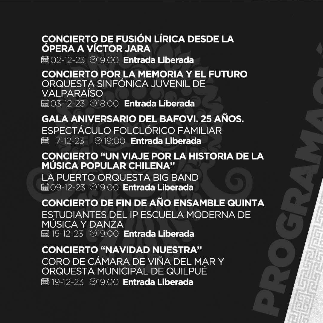 vinadelmar's tweet photo. 🏛️Para celebrar la reapertura del Teatro Municipal de #ViñadelMar, invitamos a todas y todos a disfrutar de nuestra variada cartelera de eventos.

🎟️Consigue tus entradas de manera gratuita en https://t.co/B2EZh99c1x 

👉🏻Síguenos en nuestro perfil de Instagram @teatro.munivina https://t.co/aFmAdvjgr9