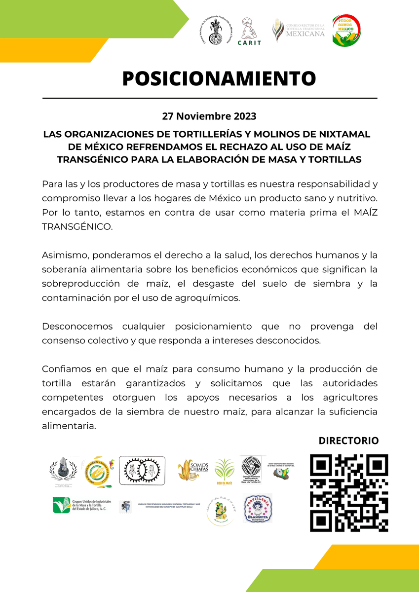 🌽✊ Las y los productores de masa y tortillas en México se oponen al uso del #MaízTransgénico como materia prima.
Y demandan a las autoridades poner la #SoberaníaAlimentaria por encima del beneficio económico de la agroindustria. 💰

#SinMaízNoHayPaís #TMECMaíz @cn_maiz