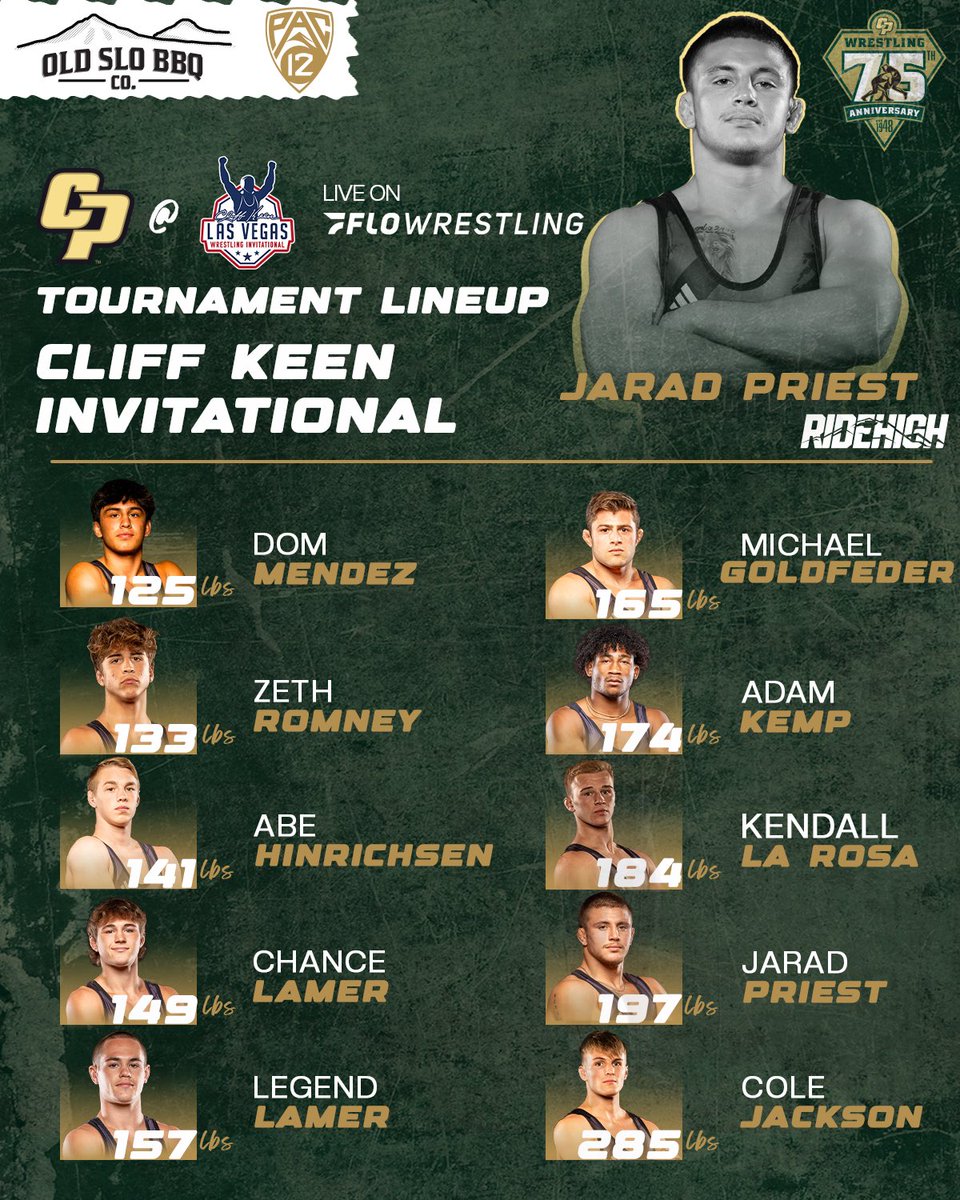 CalPolyWrestle's tweet photo. Here’s our tournament lineup for the Cliff Keen Las Vegas Invitational on Friday and Saturday 🔥 LET’S GET AFTER IT 💪

#RideHigh🐎 https://t.co/eU8FNbBHQg