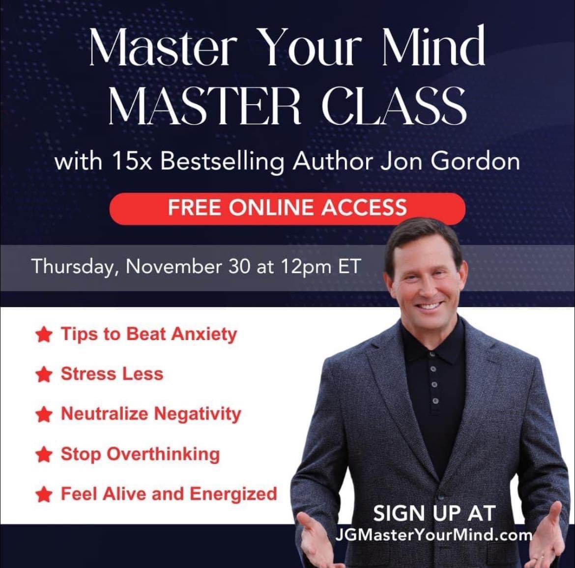JonGordon11's tweet image. TOMORROW!!!
Join me for a FREE “Master Your Mind” Masterclass on November 30th!

Learn powerful strategies to boost mental toughness, beat anxiety, reduce stress, stop overthinking, feel energized and enhance performance. ⭐️

Sign up now: jgmasteryourmind.com 

#FreeClass…