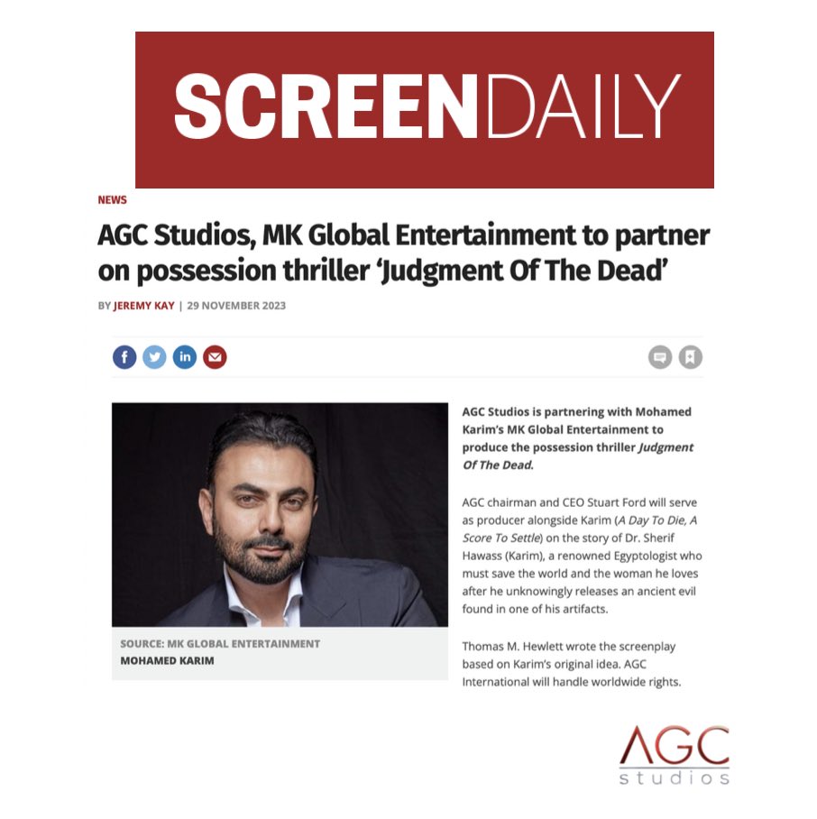 Happy to announce our partnership with Mohamed Karim and MK Global Entertainment to bring the thrilling “Judgment of the Dead” to screen.
#AGCstudios
 #AGC #AGCinternational #mkglobalentertainment