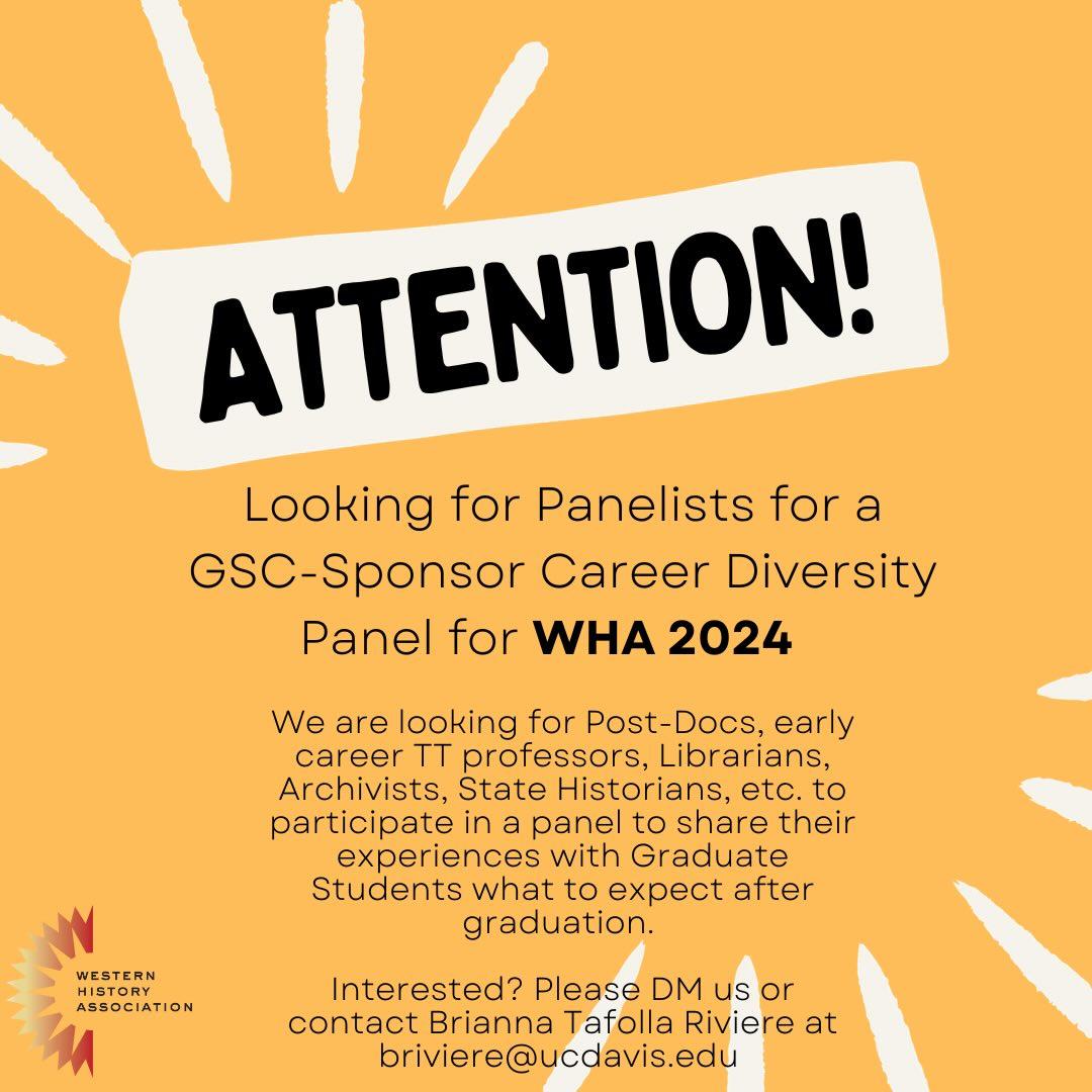 ATTN: We are looking for panelist to join a Career Diversity Roundtable at #WHA2024 

ISO: Post docs, early career profs, librarians, archivists, state historians to share their experiences with WHA grads. 

Interested? Contact Brianna Tafolla Rivière at briviere@ucdavis.edu