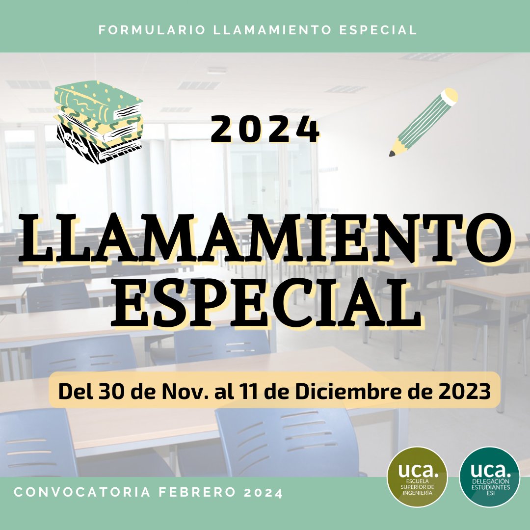 EstudiantesESI's tweet photo. ⭕ Convocatoria Llamamiento Especial Febrero 2024 ⭕

Ya tenéis disponible 💻 el procedimiento para solicitar el Llamamiento Especial 📚

El plazo para presentar solicitudes finaliza el LUNES 11 DE DICIEMBRE 🗓️ a las 14:00 horas

👉 Enlace al Formulario: https://t.co/1MEW6wQIWU https://t.co/jasbUCn7WD