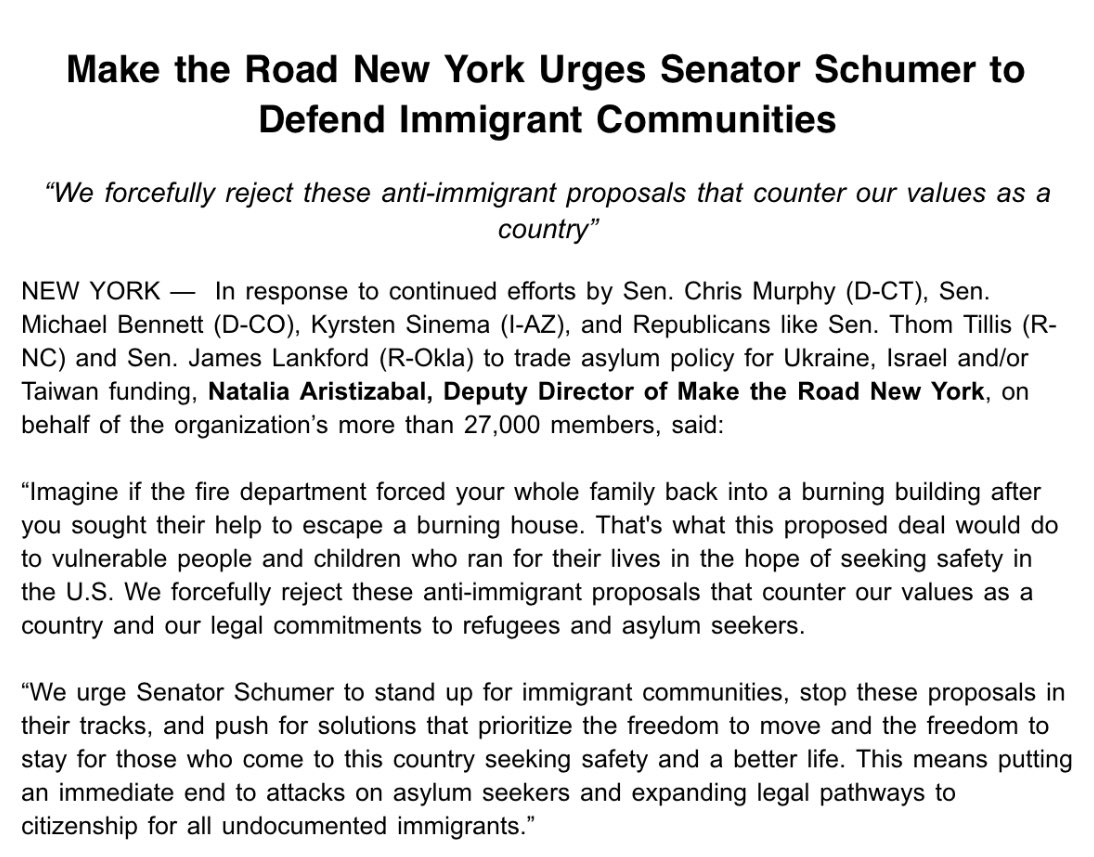 STATEMENT: Make the Road NY Urges @SenSchumer to Defend Immigrant Communities “We forcefully reject these anti-immigrant proposals that counter our values as a country and our legal commitments to refugees and asylum seekers,” shared our @NatyAristiBeta. Full statement below👇