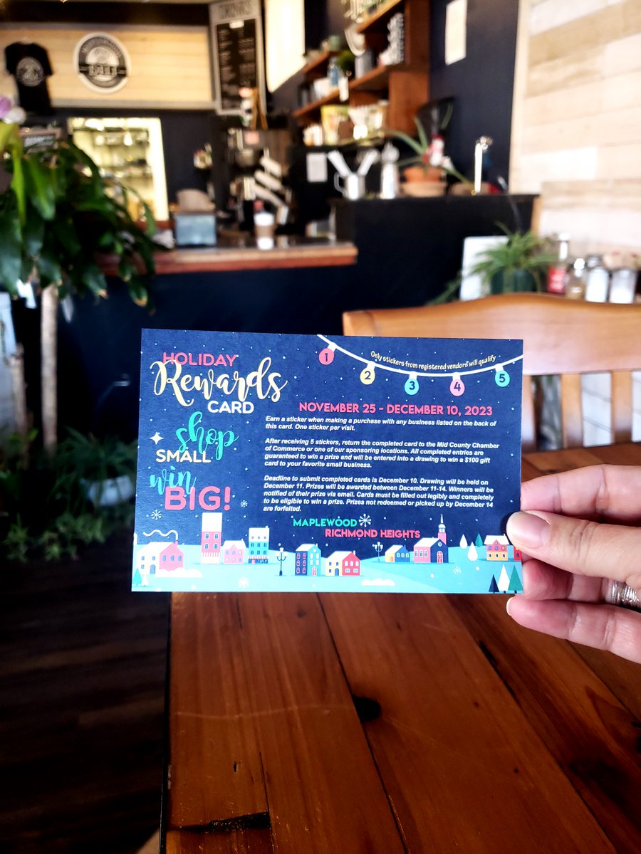 Did you get your Mid County Chamber Holiday Rewards Card yet? They are available at participating businesses and good through December 10th. For details about the program visit loom.ly/GbzqHm8 #EnjoyMaplewood #ShopLocal #ShopSmall