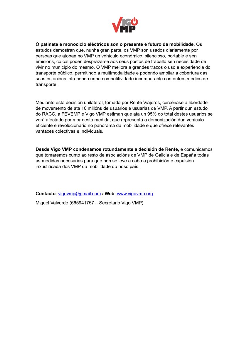 Comunicado da Asociación VIGO VMP sobre a prohibición de uso de VMP nos trens de Renfe #DefiendeElVMP #vmp #vigovmp #vmpenlucha #movilidadelectrica #movilidadsostenible #movilidaddescarbonizada #movilidadpacifica  #micromovilidad #vehiculo #patineteelectrico #monocicloelectrico