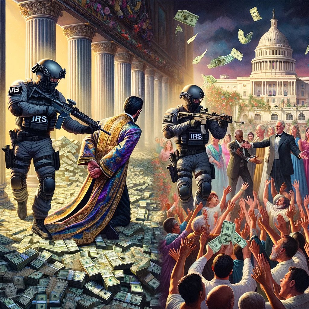 'Here is the epic and grand-scale illustration depicting militarized IRS agents conducting a dramatic arrest of a wealthy tax cheat and generously distributing money to the poor.'