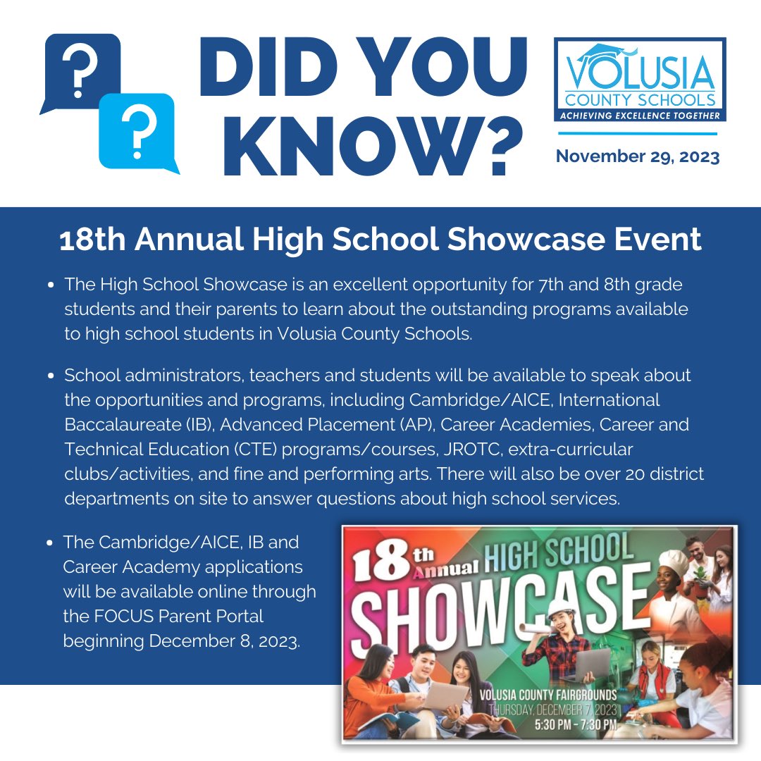 volusiaschools's tweet photo. All Volusia County high schools will be at the 18th Annual HS Showcase, Dec 7, 2023, 5:30pm to 7:30pm at Volusia County Fairgrounds/Tommy Lawrence Arena. Dive into the world of education options for 7th and 8th graders! #HighSchoolShowcase https://t.co/adlPCEMxtZ
