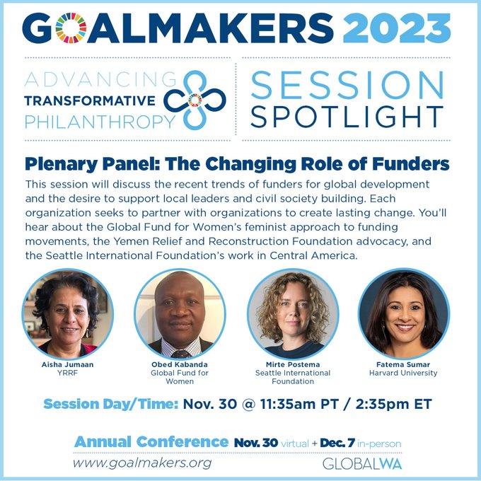 On Nov 30, the #Goalmakers2023 Annual Conference from @GlobalWA will have a virtual all-day session. Dr. @kabandaolsd & @RufaroKangai of Global Fund for Women will be speaking on feminist approaches to funding movements. Get your ticket now:
globalwa.org/goalmakers-ann…