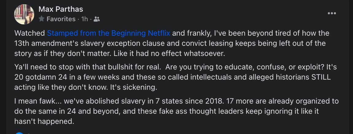 MONTYOG's tweet image. @MaxParthas  #ABOLITIONtoday 
"Watched Stamped from the Beginning Netflix and frankly, I've been beyond tired of how the 13th amendment's slavery exception clause and convict leasing keeps being left out of the story as if they don't matter.```"