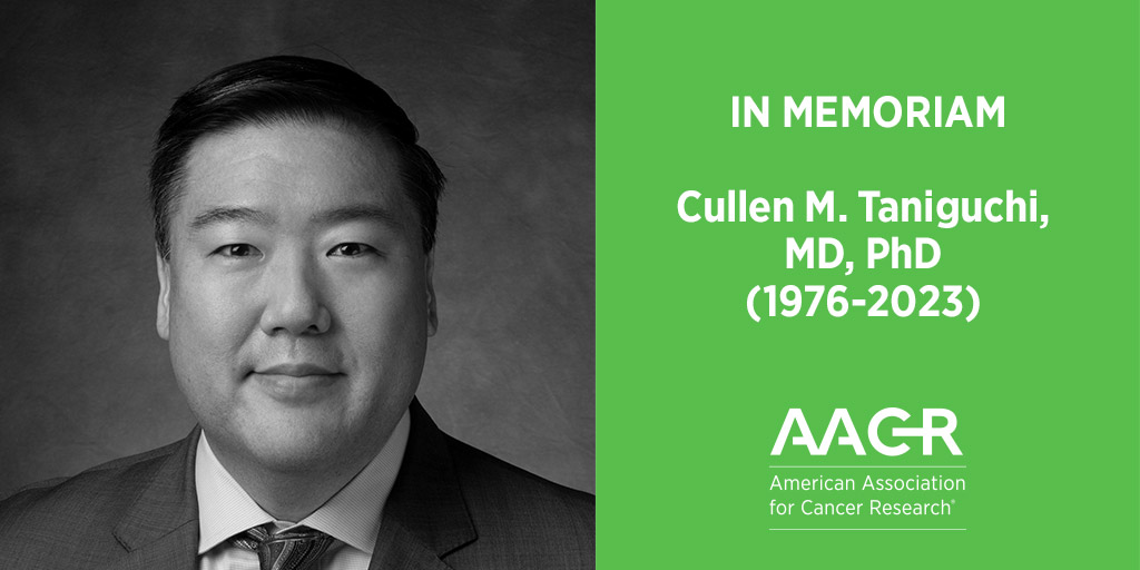 AACR member Cullen M. Taniguchi, MD, PhD, an assistant professor in the Department of Radiation Oncology at the University of Texas MD Anderson Cancer Center, died November 15 at age of 47. We offer heartfelt condolences to his family and friends. bit.ly/3sN5sxP