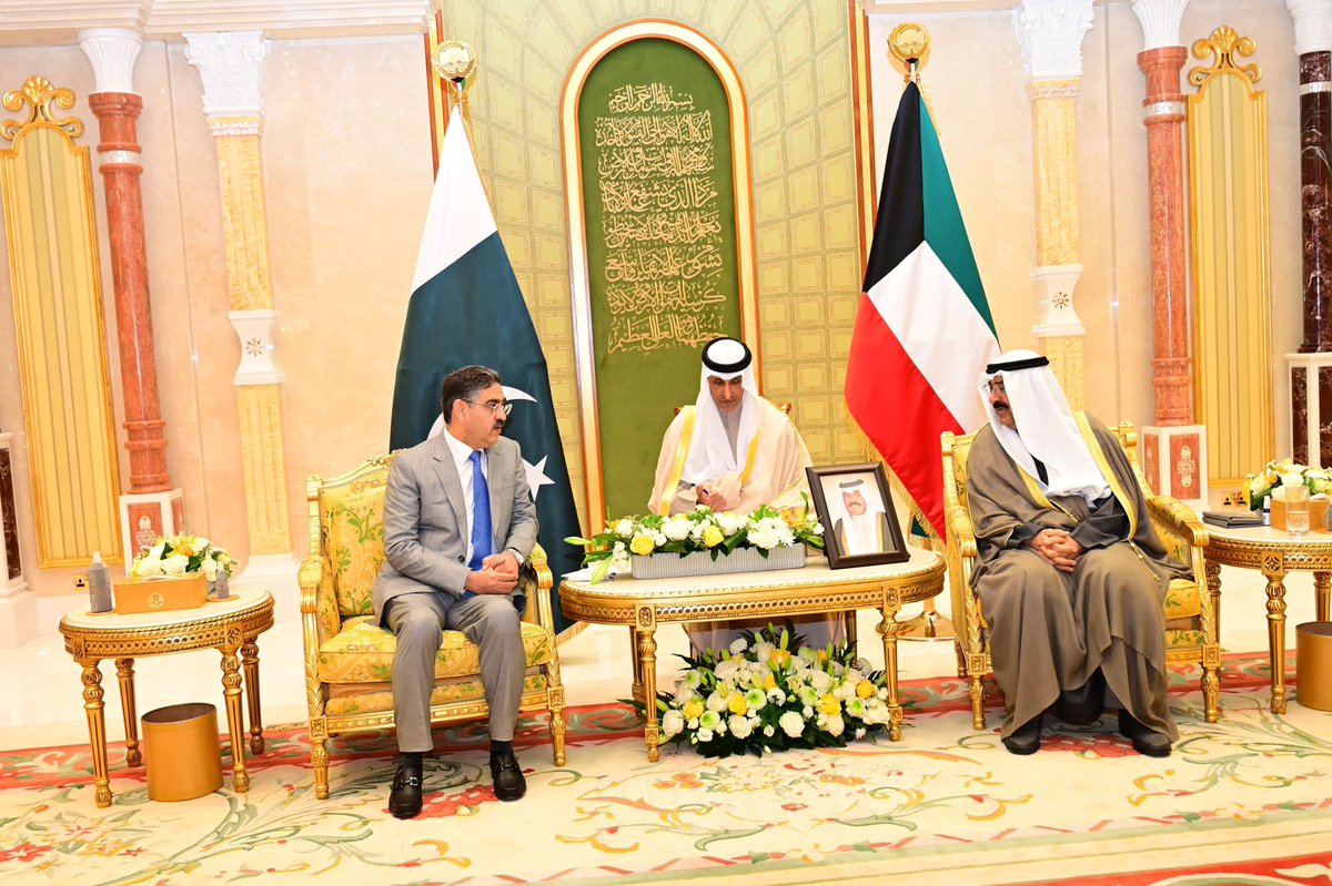 PMAnwarUlHaq's tweet photo. Pleased to meet H.E. Sheikh Talal Al-Khaled in Kuwait. We've fortified our brotherly ties, signing 7 agreements &amp; 3 MoUs in key sectors. This heralds a new era in Pakistan-Kuwait economic ties. Looking forward to hosting Kuwaiti representatives soon. https://t.co/c80hNTMWKv