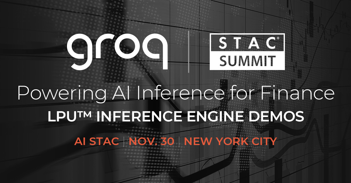 GroqInc's tweet photo. Stop by our table tomorrow at AI #STACSummit to meet some of our Field Team and be wowed by our demo running on our LPU™ Inference Engine. https://t.co/qlsNeJ9S6t https://t.co/o3ra6Eq32p