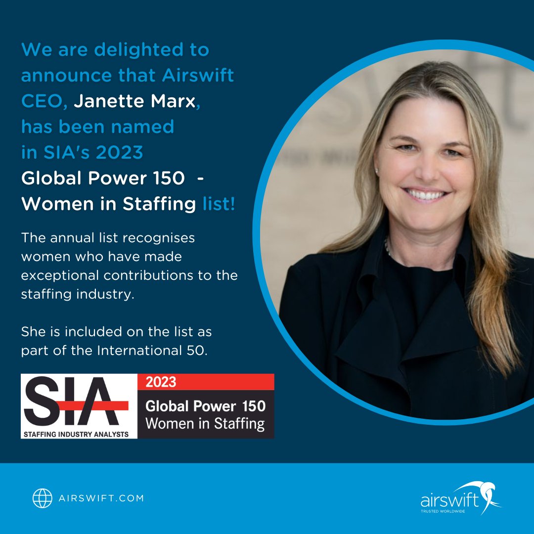 Congratulations to our CEO, Janette Marx, for her inclusion in Staffing Industry Analysts' Global Power 150 Women in Staffing List for the sixth year in a row! Read more: hubs.ly/Q029sSKF0

In its ninth year, this annual list recognises the women who have made…
