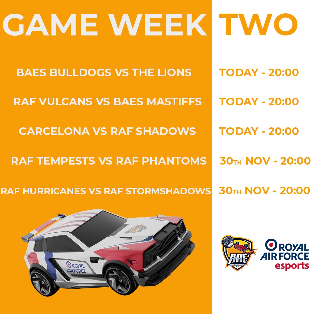 The second week of matches have arrived for the Royal Cup!

Here are your fixtures for the week!

RAF Vulcans vs BAES Mastiffs kicks off in 15 minutes on our Twitch! You can find that game here:

twitch.tv/raf_stormshado…

#RoyalCup #RAFEsports #RocketLeague