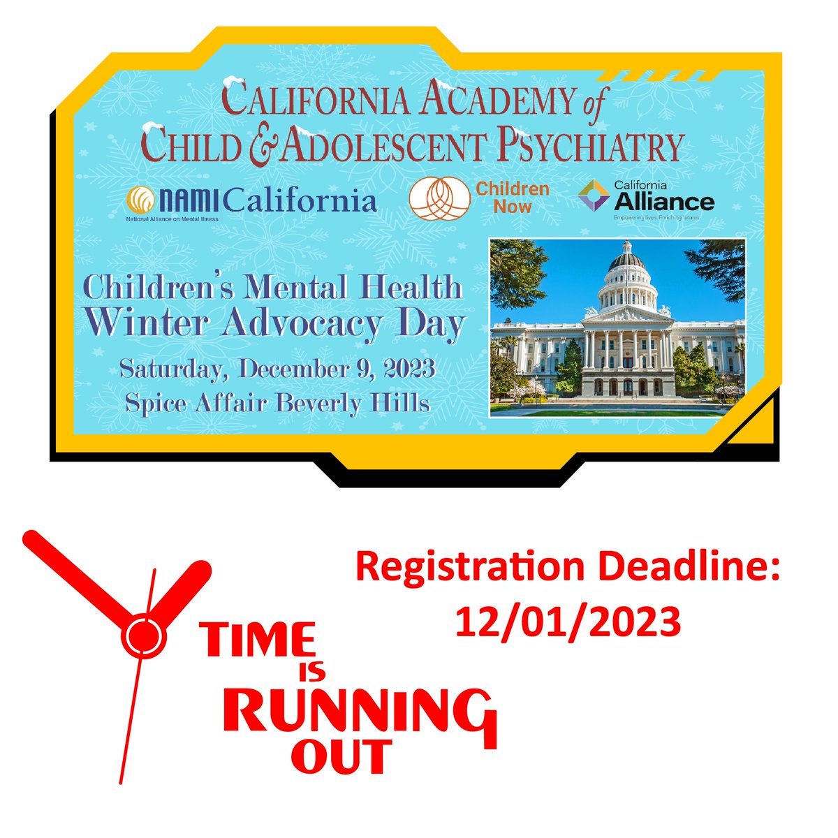 ⌛ 24 hours left to register for CALACAP at the Annual Winter Advocacy Conference! Learn about CA legislative issues, build connections, and shape the 2023-2024 agenda. Reserve your spot today at bit.ly/WinterAdvcy23! #ChildMentalHealth #CALACAP2023 #AdvocacyConference