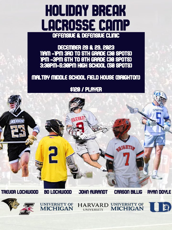 Join Attack/Midfield Bo Lockwood and John Aurandt, and Defenders Trevor Lockwood, Carson Billig, and Ryan Doyle in a 2 day Lacrosse camp on Dec. 28th &amp; 29th. 

Sign up before it fills out! 
brightonk12.ce.eleyo.com/course/799/win…