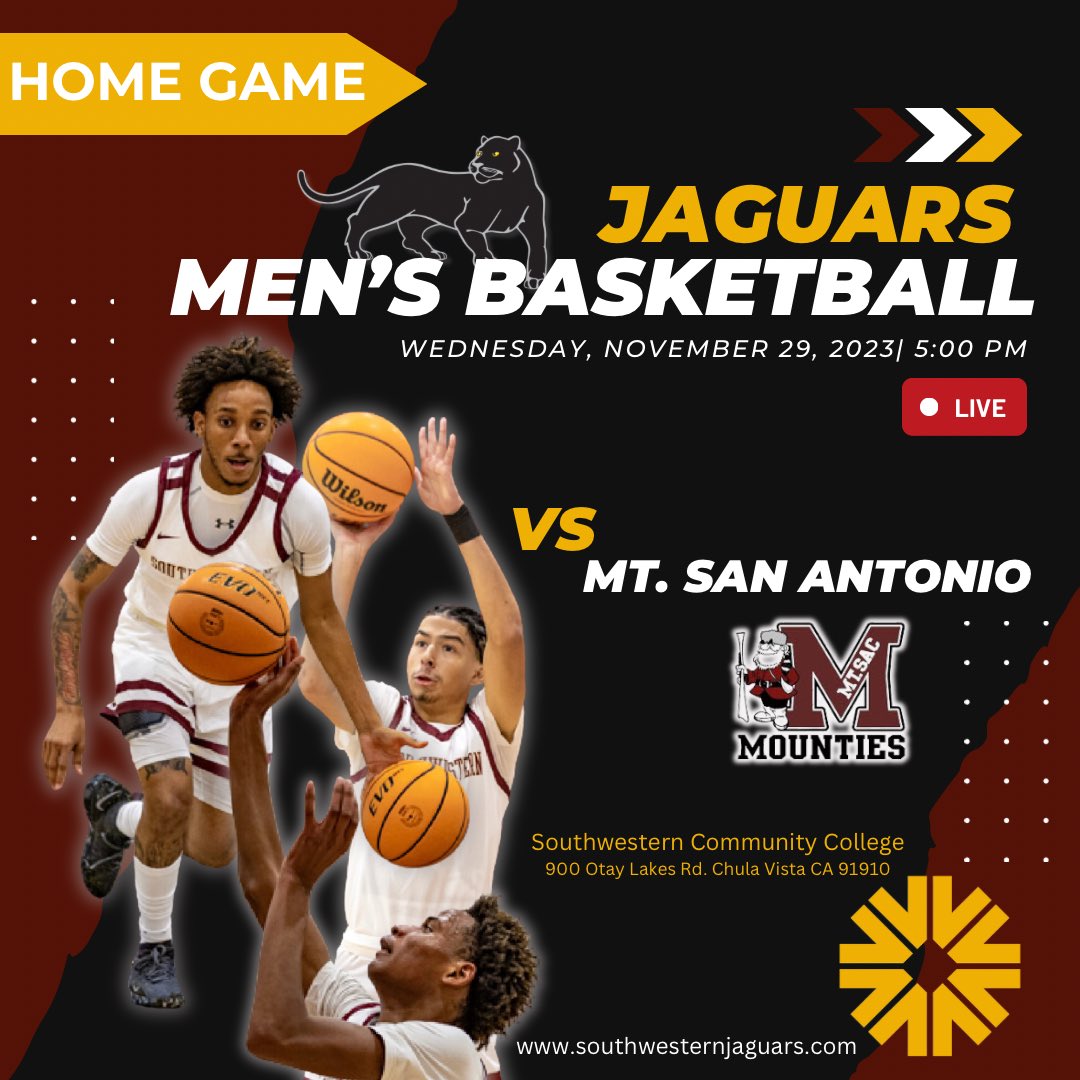 Home Game tonight for our Men’s Basketball team vs Mt. San Antonio College. Ticket Pricing: General Admission $5 / Military ID, 12 and under, and Seniors 55+ $4/ SWC Staff, Faculty, and Students $3 Live stream link below: 

youtube.com/live/hzLp7EDY8…