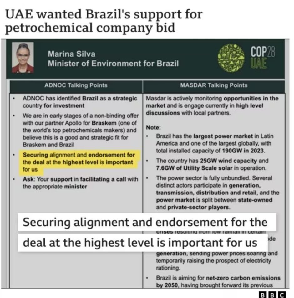Angelalandim3's tweet photo. BOMBA: documentos vazados mostram que COP28 está sendo usada para negociar petróleo com Brasil
A reportagem exibe um documento com foto da Ministra do Meio Ambiente, Marina Silva, em que diz que a petroleira árabe ADNOC https://t.co/JtsjjIPAjt