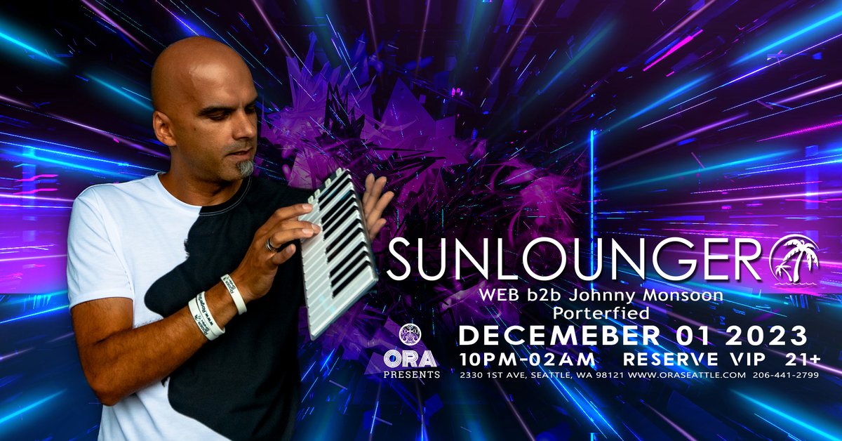 This Friday, <a href="/roger_shah/">Roger Shah</a> presents Sunlounger at Ora! 
With support from <a href="/inmotiondjs/">Eric Weber/WEB</a> b2b <a href="/johnnymonsoon/">Johnny Monsoon</a> and Porterfied! 

Tickets: tickets.oraseattle.com/e/sunlounger-a…

#ora #seattle #oraseattle #trance #house #progressive #uplifting #dancemusic #follow #share
