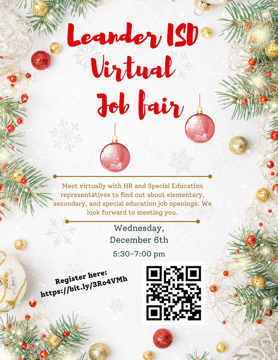 Leander ISD HR (@lisdcareers) on Twitter photo <a href="/LeanderISD/">Leander ISD</a> is a fast growing district with 48 innovative campuses, located about 20 miles north of Austin, TX. Join us on December 6th from 5:30-7:00 pm for a virtual teacher job fair! Register here: bit.ly/3Ro4VMh #1LISD #noplacelikelisd #lisdteachwithme <a href="/LeanderISD/">Leander ISD</a> is a fast growing district with 48 innovative campuses, located about 20 miles north of Austin, TX. Join us on December 6th from 5:30-7:00 pm for a virtual teacher job fair! Register here: bit.ly/3Ro4VMh #1LISD #noplacelikelisd #lisdteachwithme
