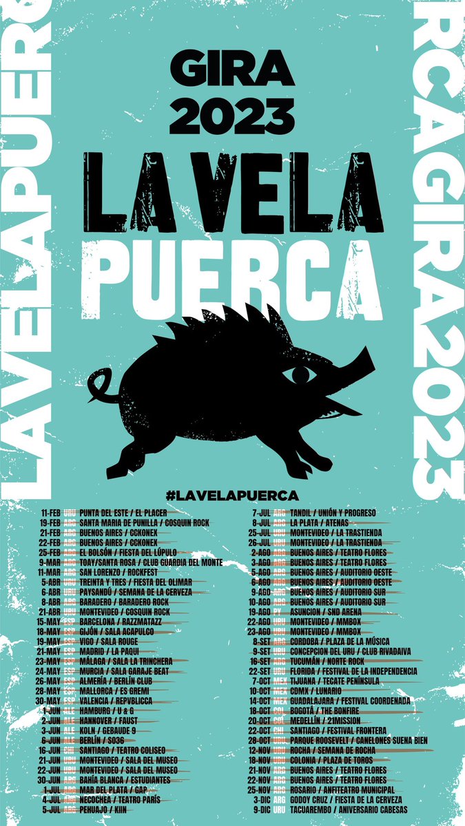 Amigxs!!! Se termina el año y la gira 2023 está llegando a su fin!!
Aún nos quedan dos hermosas fechas para encontrarnos!!
🤘🤘🤘

Gracias a todxs por acompañarnos siempre!!!
🙌🐽🙌

#lavelapuerca
#gira2023
🐽🐽🐽