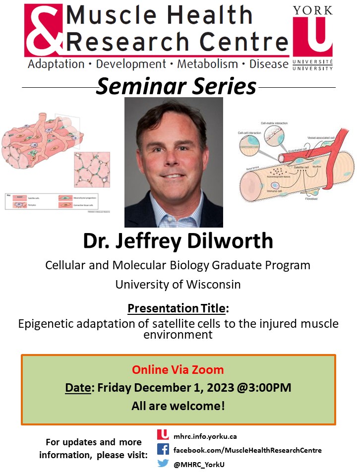 Please join us Friday (3pm Toronto time) for the MHRC Seminar featuring Dr. Jeffrey Dilworth (U Wisconsin) who will speak on 'Epigenetic adaptation of satellite cells to the injured muscle environment.' Get link: yorku.zoom.us/j/93980008359?… Meeting ID: 939 8000 8359 Passcode: 792838