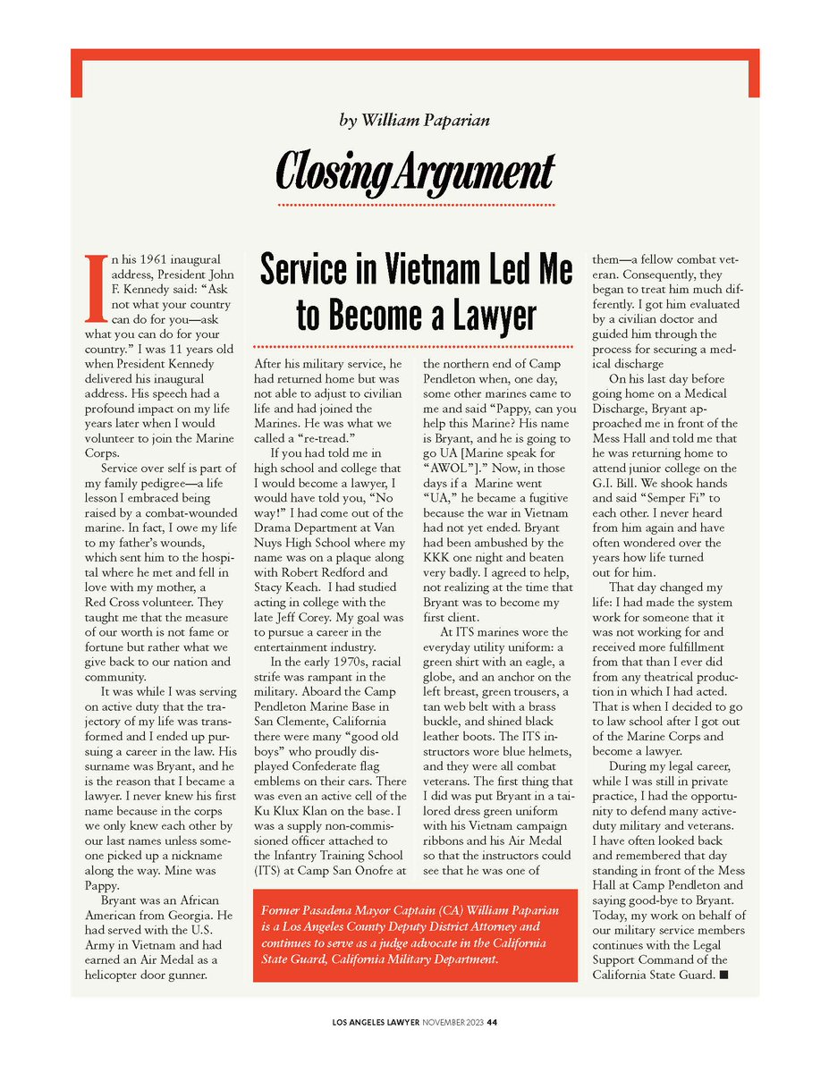LACBAveterans's tweet photo. @LACBA Armed Forces Committee Member, William Paparian shares how "Service in Vietnam Led Me to Become a Lawyer"

Copyright 2023 Los Angeles Lawyer. Reprinted with permission. https://t.co/Fn437hS0EO